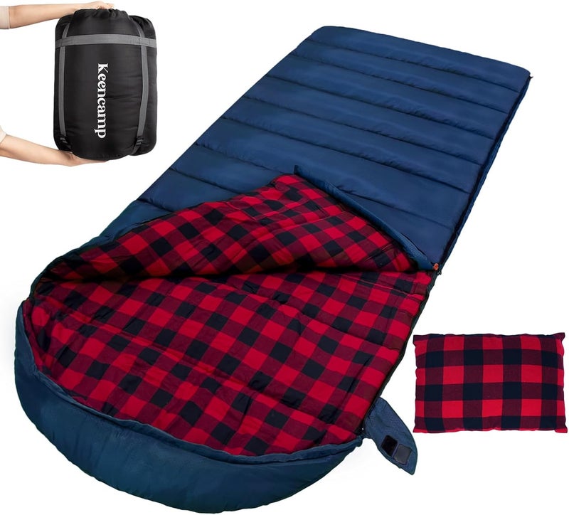 Keencamp 0 Degree Sleeping Bag Cotton Flannel Winter Cold Weather for Adults XXL Sleeping Bag 4 Season Big and Tall with Pillow Compression Sack - Image 1